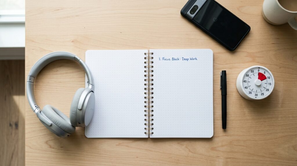 An overhead view of a clean focus desk setup with an open notebook, a single 10-minute study task, a simple study timer and a phone placed face down.