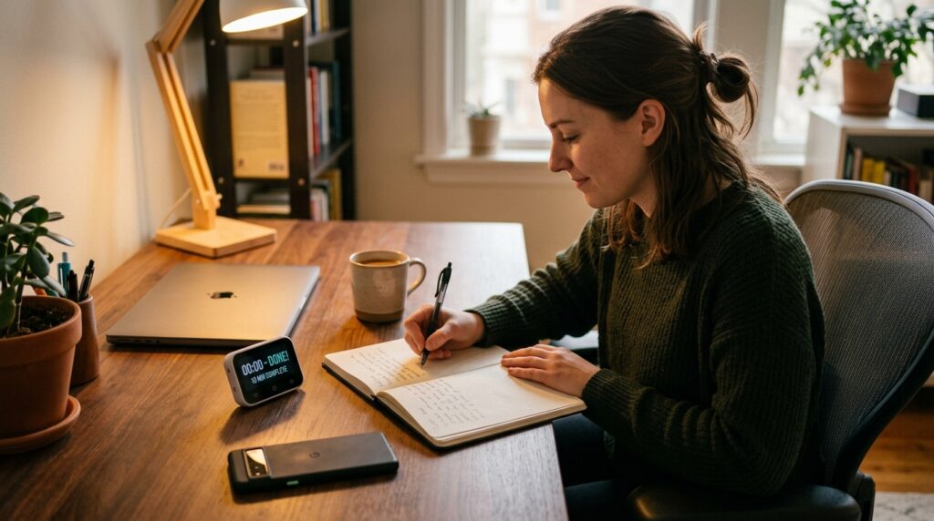 A person at a study desk writing a one-line study log in a notebook while a small timer shows the end of a 10-minute focus session and the smartphone stays face down.