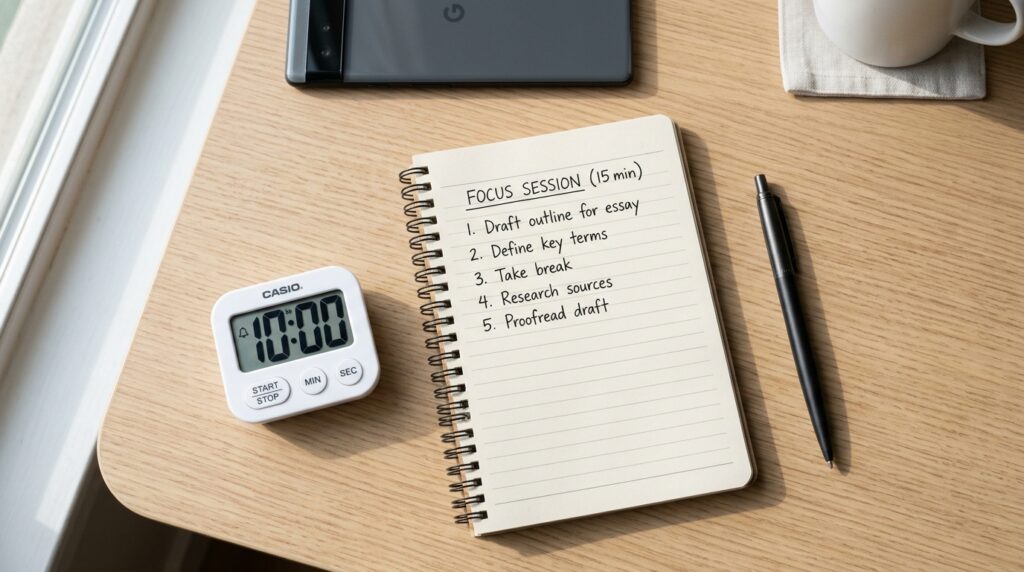 An overhead view of a clean study desk setup with an open notebook, a short written task, a 10-minute study timer and a smartphone flipped face down for a focus routine.