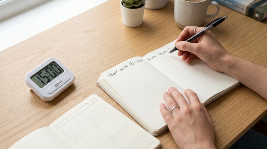 A top-down view of a desk setup where someone writes a one-line goal in a notebook beside a small study timer to start a 15-minute morning focus routine.
