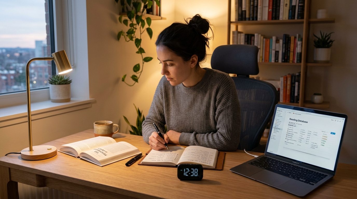 A modern desk setup with an open book, laptop showing a simple Notion dashboard, and a small study timer for a 15-minute focus routine.