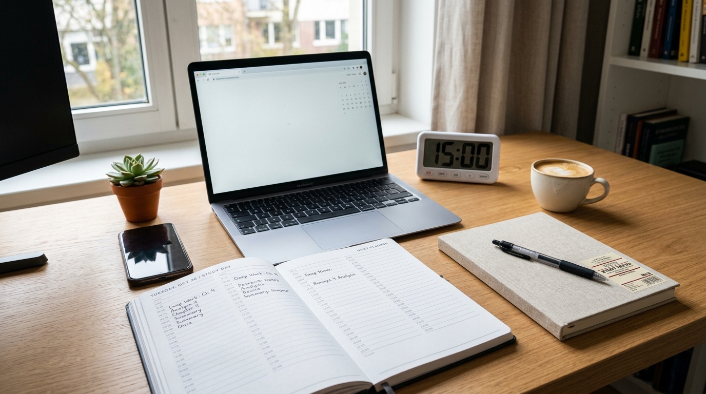 Desk setup with 15-minute timer, planner showing time-blocked schedule, and study materials for focused work session