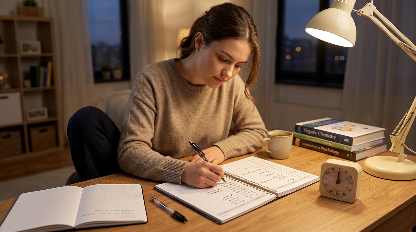 exam student planning an exam day at a tidy desk with a planner, pen and study timer for 15-minute focus blocks