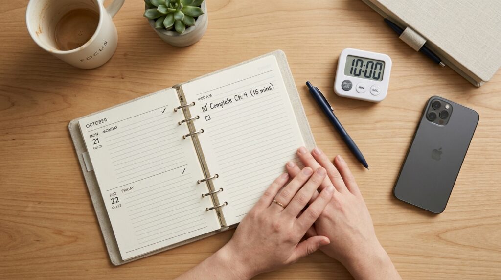 An overhead view of a clean study desk setup with an open planner showing a one-line task, a pen, a 10-minute study timer and a smartphone placed face down for a short focus routine.