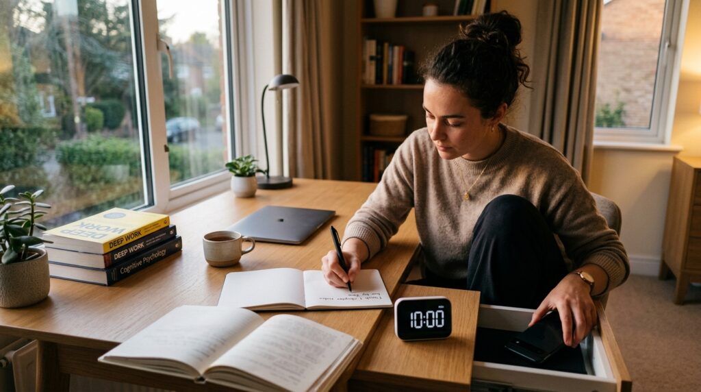 A knowledge worker writing a one-line goal in a notebook while setting a 10-minute study timer for an offline focus block.