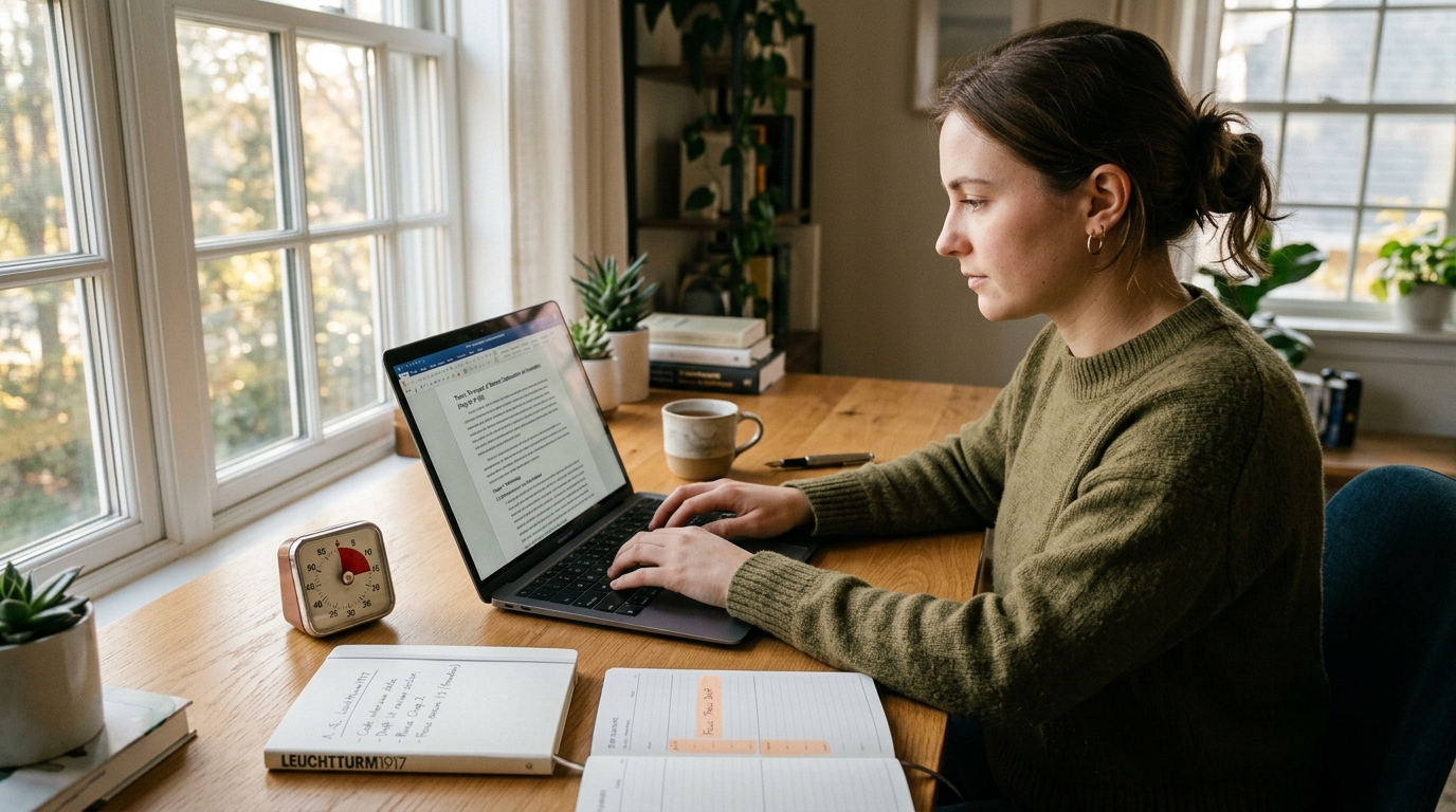 A focused desk setup where a student types on a laptop with a 15-minute focus routine timer, notebook, and planner beside them.
