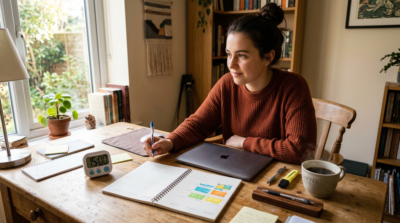 A student sitting at a cozy study desk with a planner showing a Saturday schedule built from 15-minute focus blocks, a small study timer and a cup of coffee.