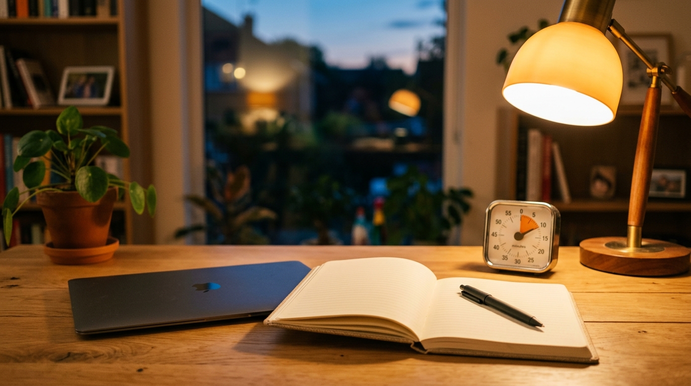 Clean home office desk with notebook, timer, and warm lamp ready for a 15-minute evening study routine after work