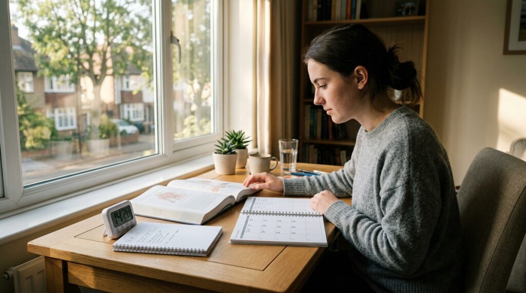 A student working through an afternoon study block at a bright desk with an open textbook, a short task list for the current 30-minute focus routine and a small timer counting down.