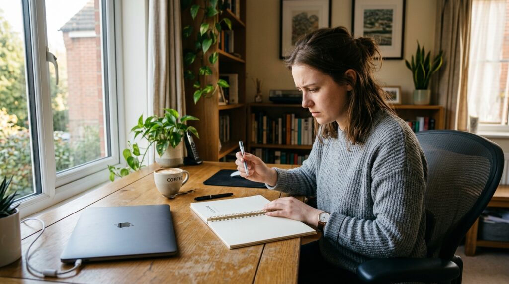Person looking at blank weekly planner before starting time blocking routine at home office desk