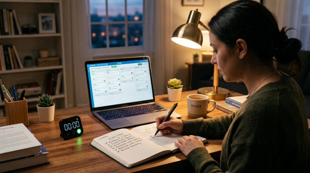 Person at a tidy study desk checking off minimum study tasks in a planner next to a digital timer