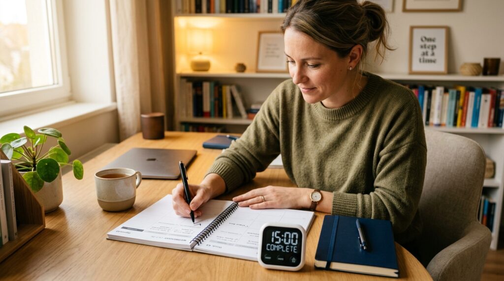Focused adult checking off a completed 15-minute study block in a planner next to a small digital timer on a tidy study desk.