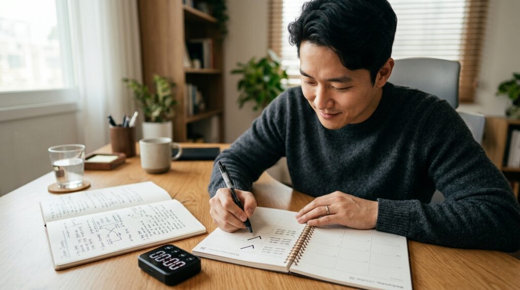 Focused adult checking off a completed 15-minute time block in a study planner with a small timer nearby on a clear desk setup.