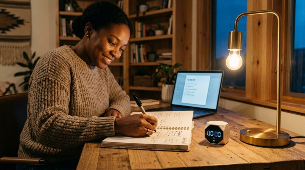 Person at a desk checking off a completed task in a planner next to a finished study timer