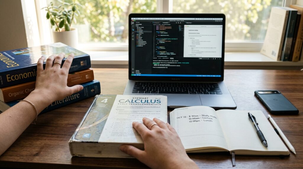 hands clearing extra books from a study desk and leaving one textbook, an open planner and a phone placed face down to start a 15-minute focus routine