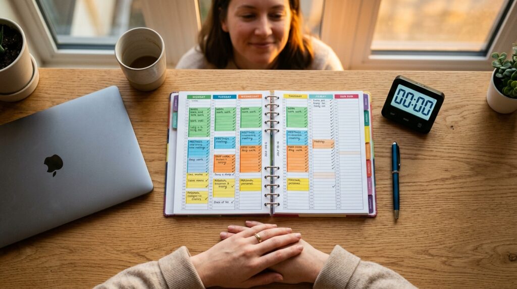 Completed weekly study planner with checkmarks showing finished 15-minute focus blocks and progress tracking