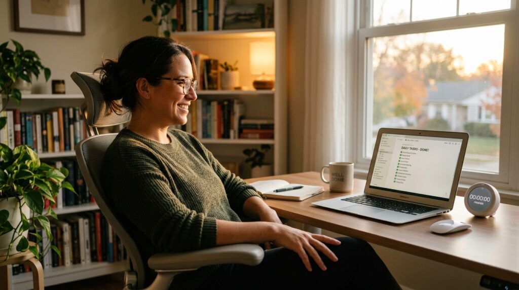 knowledge worker at a digital study desk setup reviewing notes after a short deep work focus session
