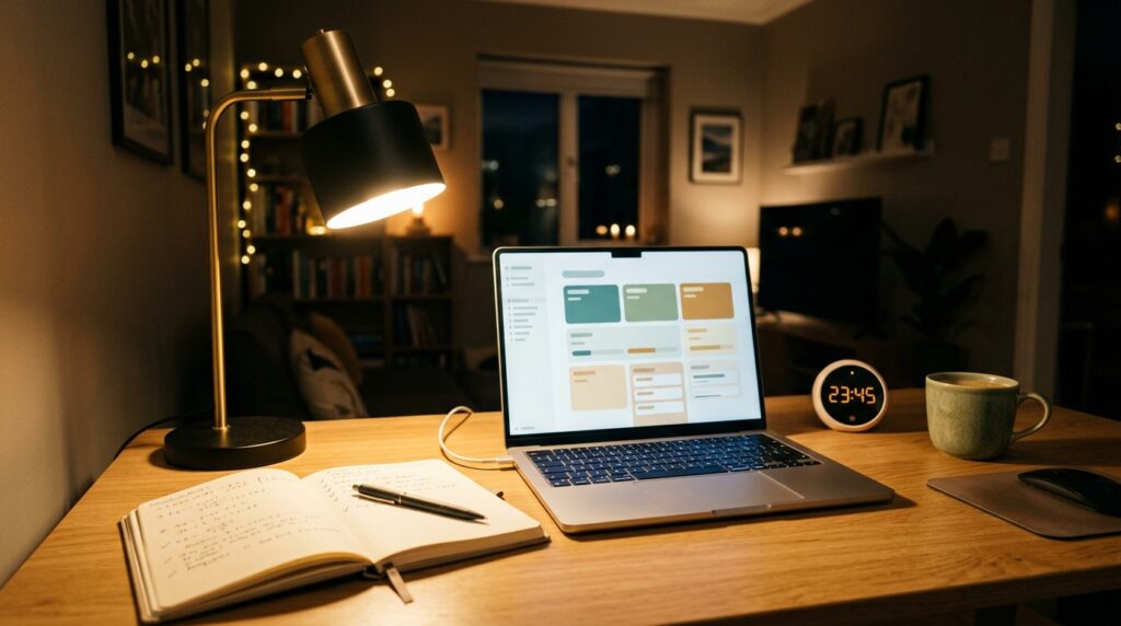 A digital study room with a laptop showing a minimalist focus dashboard, a small study timer and a notebook logging completed 15-minute focus blocks.