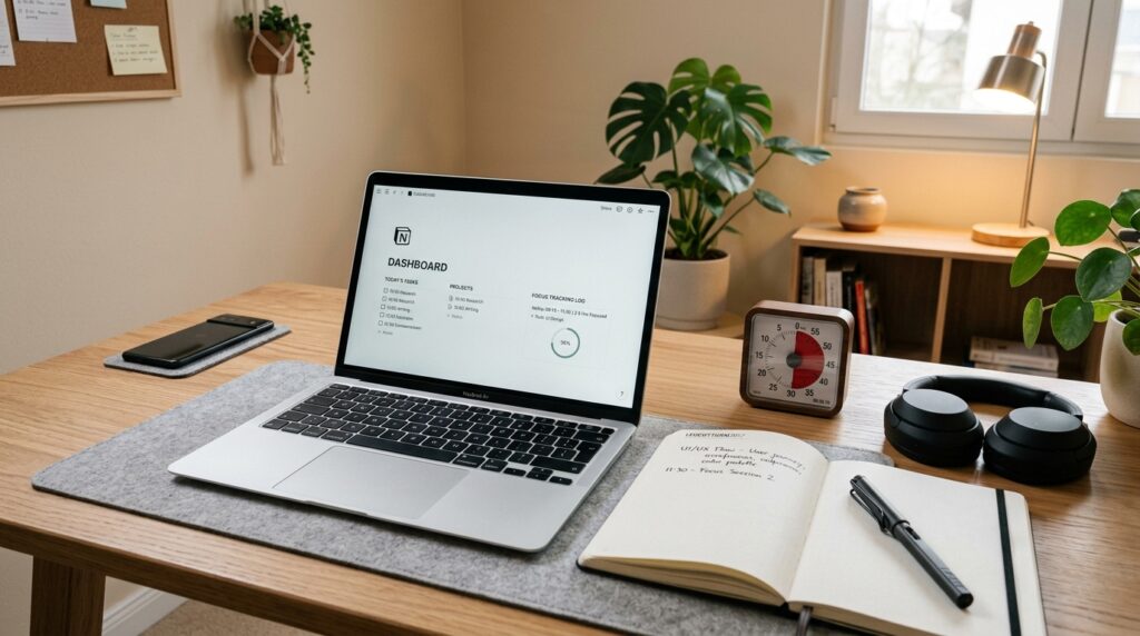 A digital study room with a Notion dashboard, notebook, and desk setup arranged for deep work during a 15-minute focus routine.