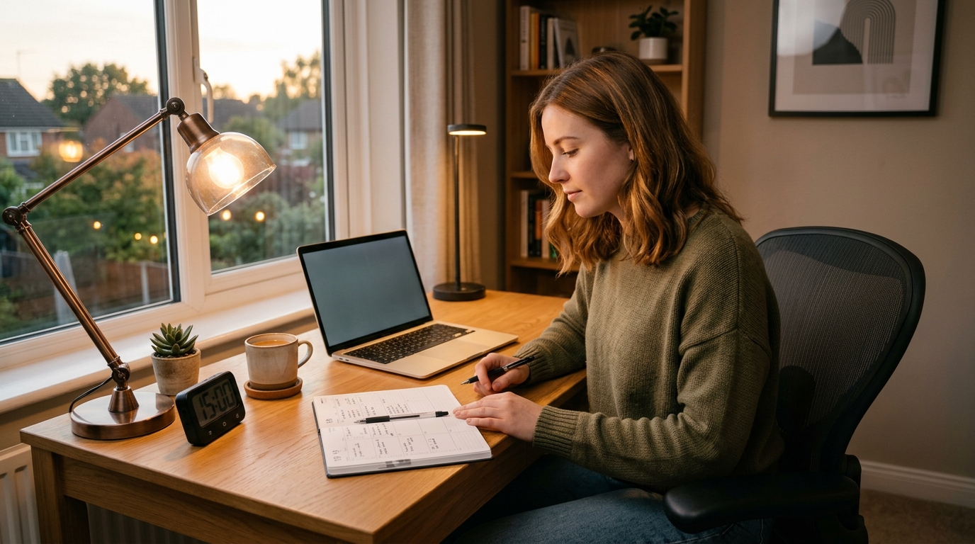 Evening desk setup with a planner, study timer, and laptop ready for a 15 minute focus routine