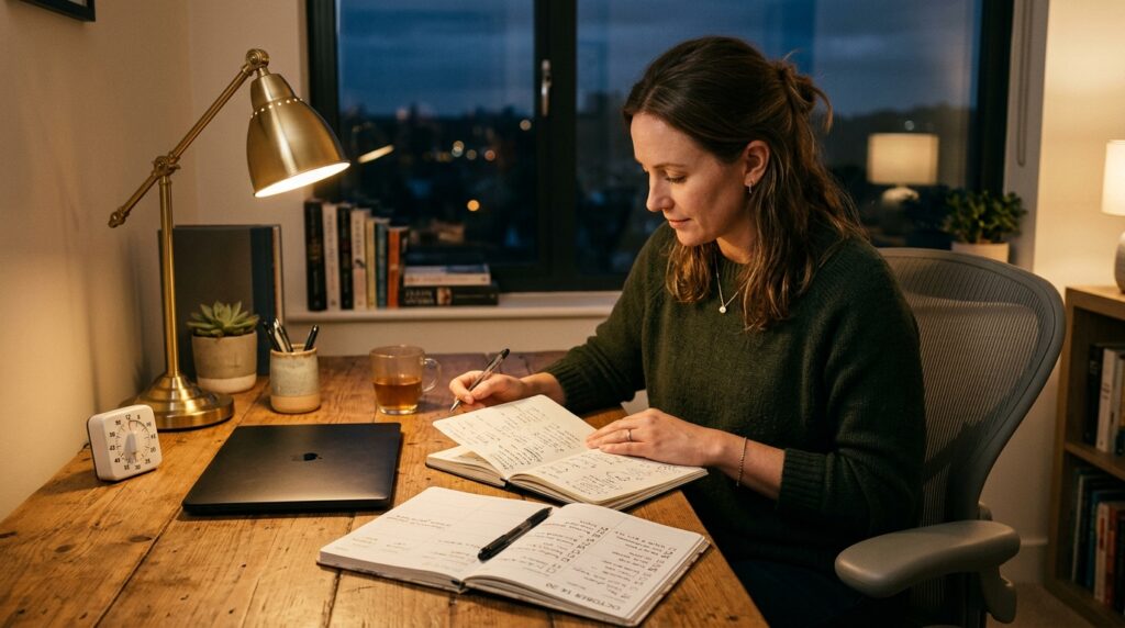 A person sitting at a desk under a warm lamp, reviewing notes with a study timer and planner open, finishing a 15-minute evening focus routine.