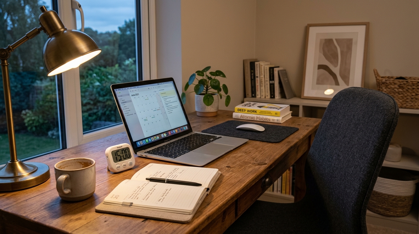 Cozy evening desk setup with a study timer, planner, and laptop ready for a 15 minute focus routine