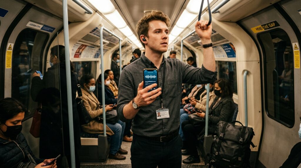 An office worker on an evening train wearing earphones and quietly shadowing English audio on their phone as part of a 15-minute commute study routine.