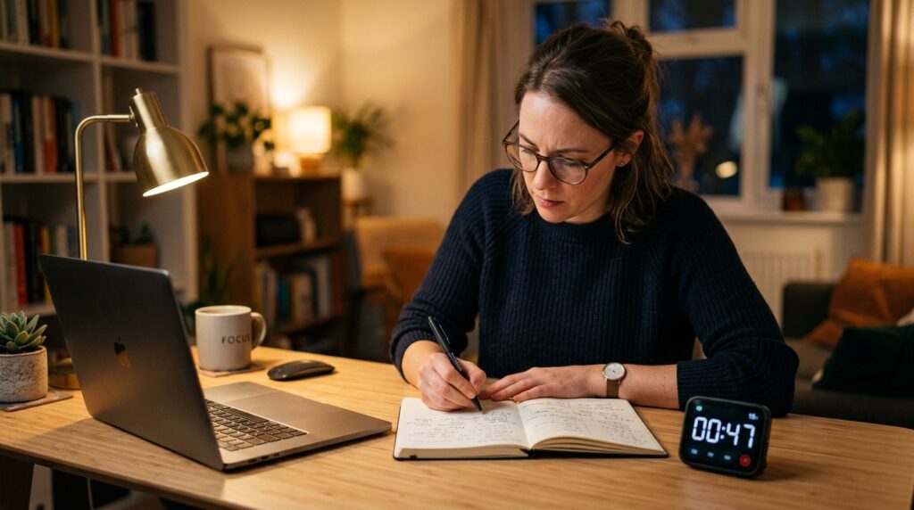 office worker in their 40s focusing on one notebook at a clean desk with a digital study timer running a 15-minute study block