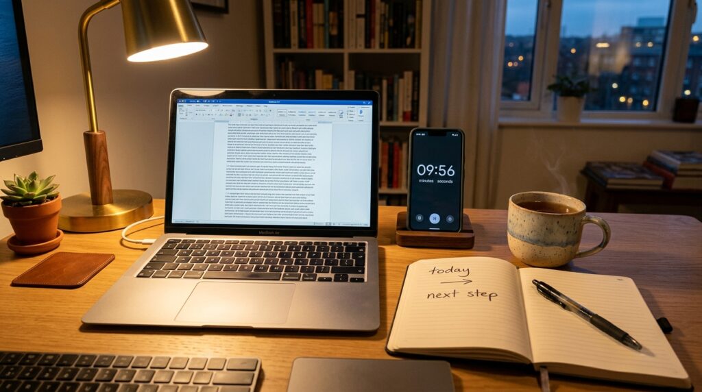An evening desk setup with a laptop document, a nearly finished 10-minute study timer, and a notebook showing a short today summary and next-step note for a writing session.