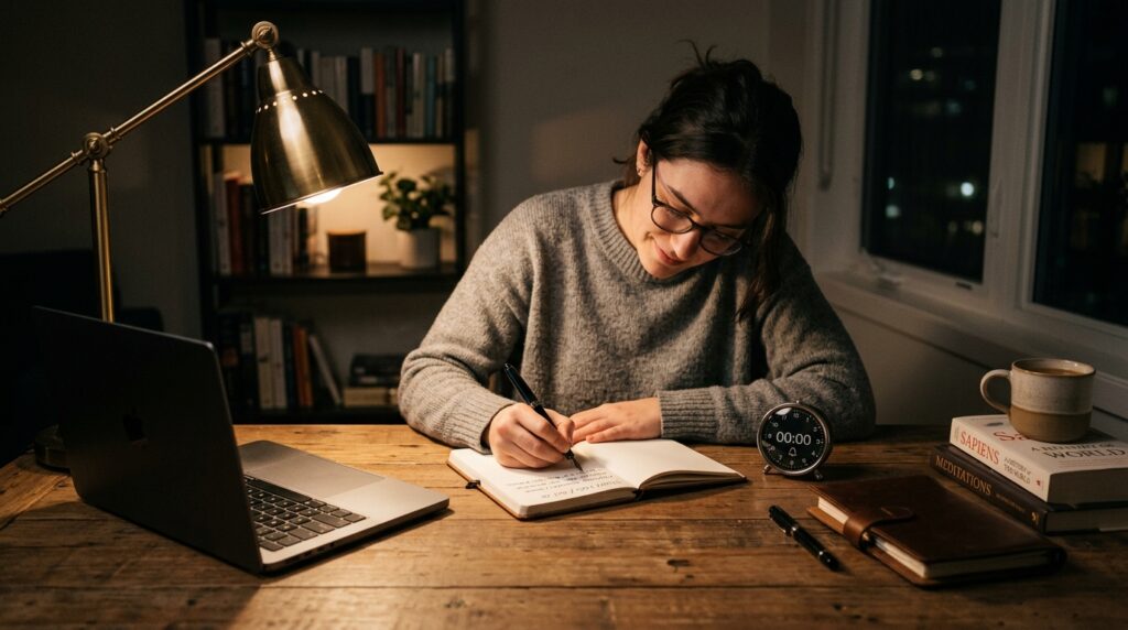 Learner writing a three line study log at a home desk after an evening 15 minute focus block