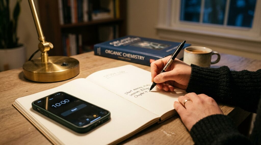 Hand writing a study task in a notebook next to a smartphone timer set for 10 minutes during evening study preparation