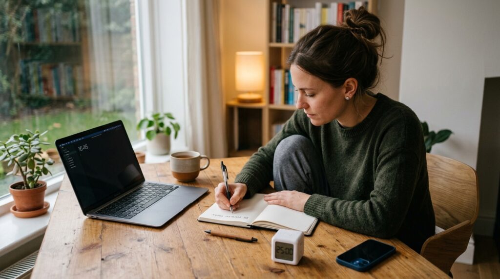 Learner writing a one line goal in a planner next to a study timer at an evening desk setup