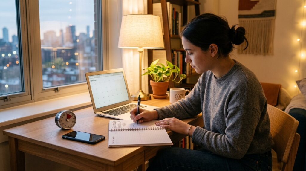 Evening desk setup where a learner writes a short goal in a planner next to a study timer and laptop