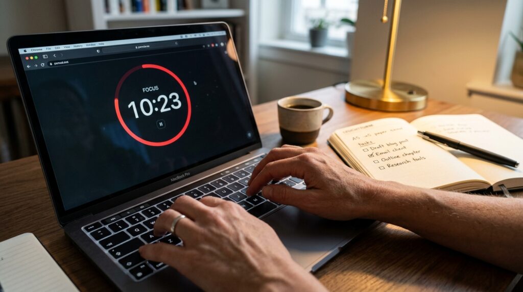 Active study session with Pomodoro timer running on laptop screen and planner showing task checklist