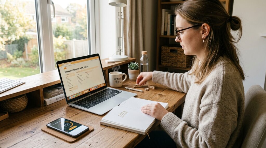 Person clearing their desk and opening a planner next to a laptop and study timer before starting a Monday review routine.