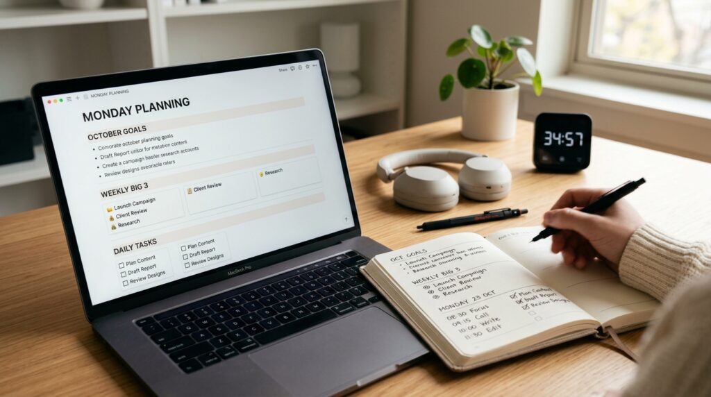 Laptop showing a clean Notion-style dashboard with monthly goals and weekly Big 3 next to an open planner on a focused digital study room desk setup.