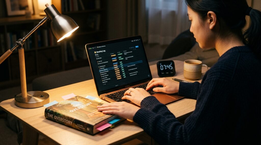 A digital study room scene with a laptop showing a simple Notion reading log table, a partly closed book, and a small study timer as part of a 15-minute reading and Notion routine.