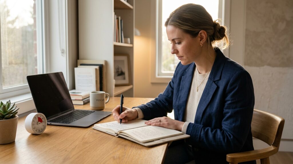 Professional writing study priorities in planner before starting 15-minute focus block at home office desk