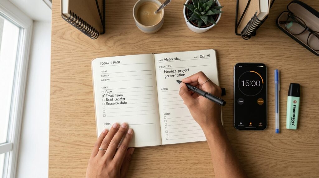 Top view of a planner and phone study timer while writing one focus task for a 15-minute study block