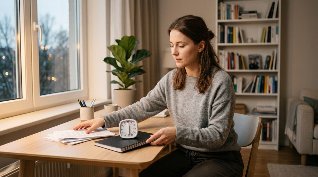 A professional clearing their desk and preparing a notebook and timer to start a 15-minute study block after work.