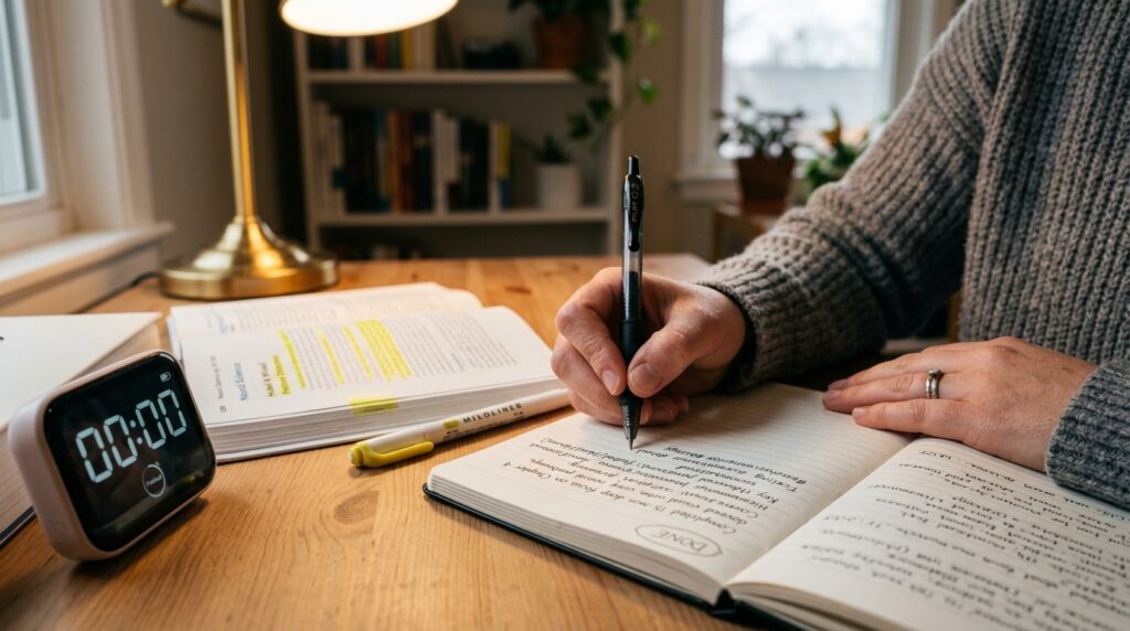 Hands writing a quick review note after completing a focused 15-minute study session with a timer on the desk.
