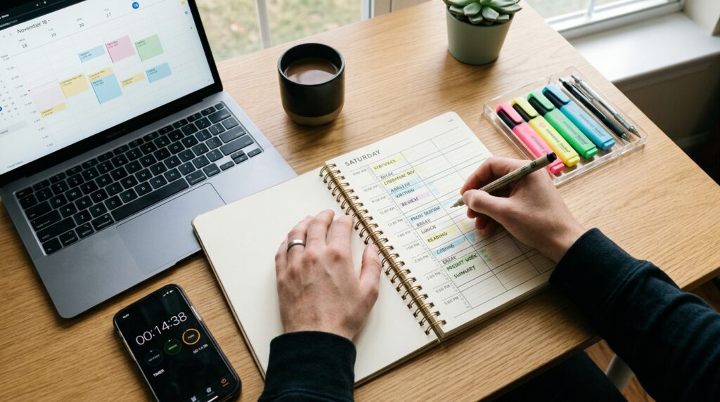 An overhead view of a tidy desk setup with an open planner where a 9-to-5 Saturday study schedule is divided into 15- and 30-minute blocks next to a phone with a study timer.