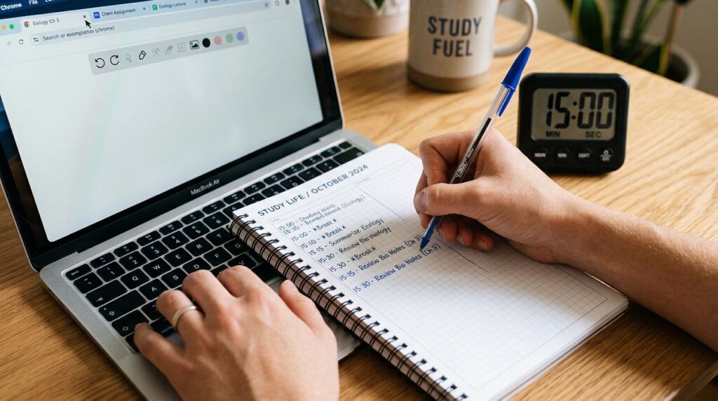 Close-up of a clean study desk where a person is closing extra laptop tabs and writing one small task in a planner next to a 15-minute study timer.