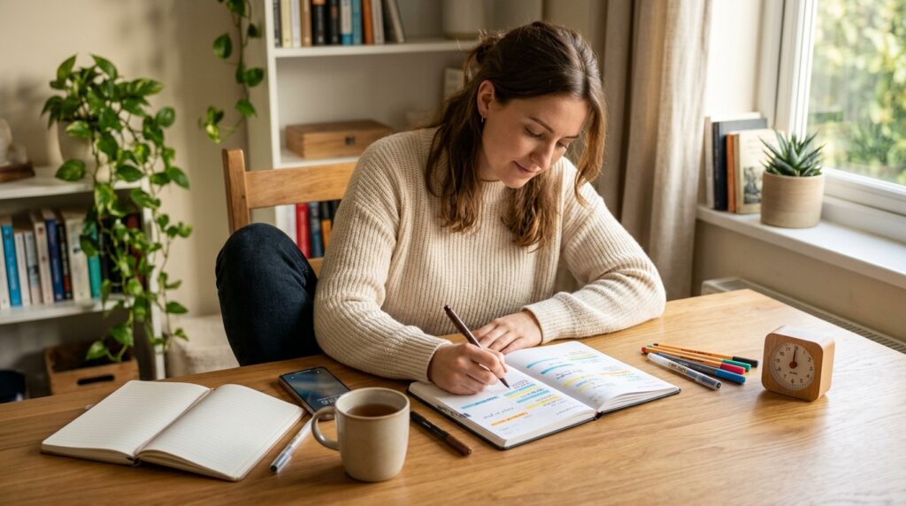 Person preparing a color-coded daily planner with timer and pens to organize 15-minute focus blocks for study and work