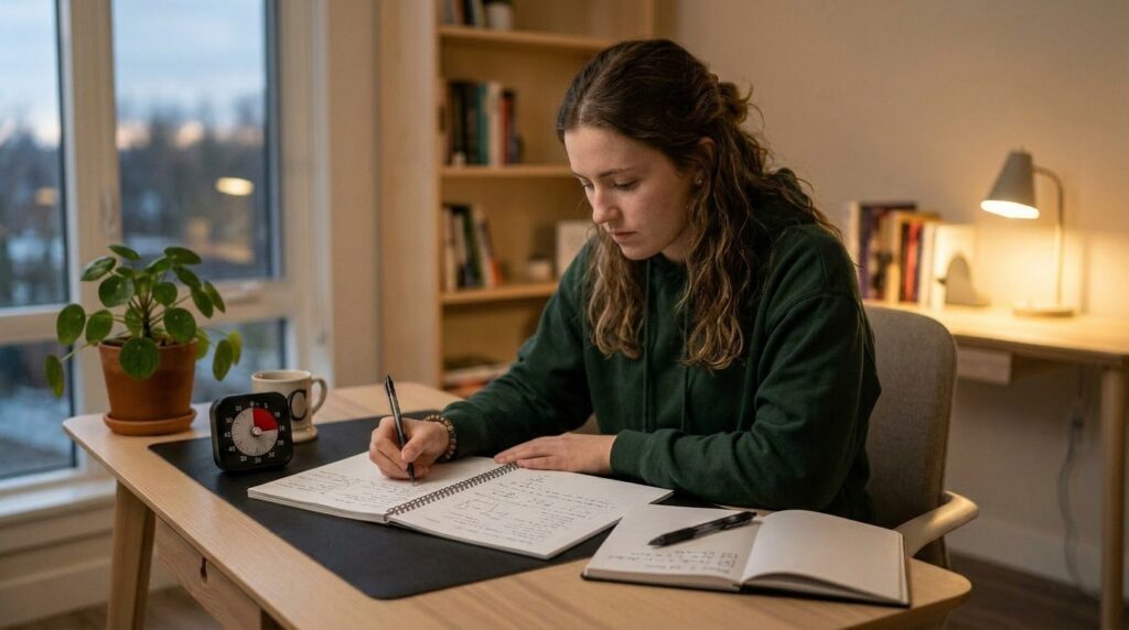 A student leaning over a notebook while a study timer counts down on the desk, with a small planner open to log the 15-minute focus routine.