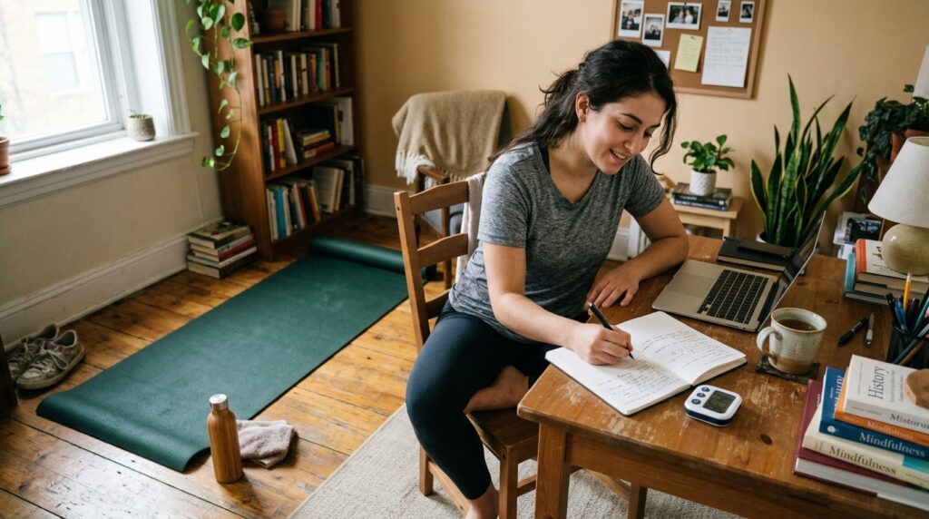 A realistic home study room where a person finishes light stretching beside their desk and then sits down for a deep work focus block.