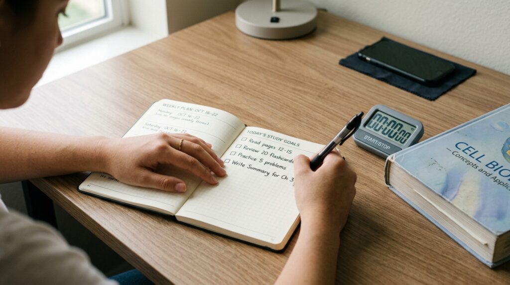 Person writing micro-goals in planner during 3-minute preparation stage of 15-minute study routine