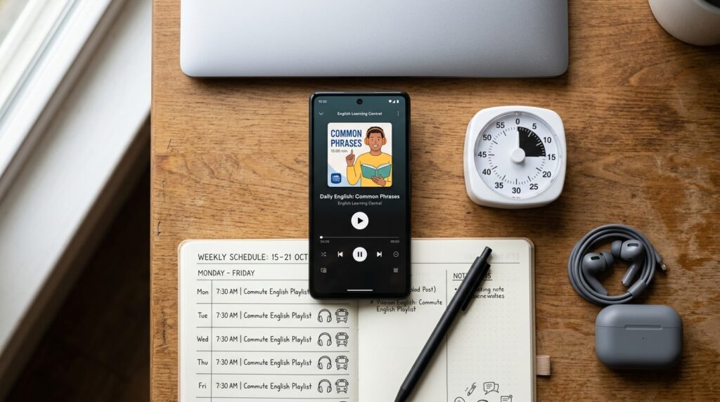 A tidy study desk with a phone showing an English playlist, a 15-minute study timer, and an open planner outlining a simple commute focus routine.