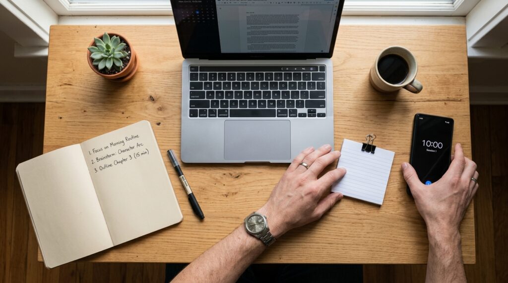 A tidy study desk where someone clears papers, moves their phone aside, and sets a 10-minute study timer next to a small writing goal in a notebook.