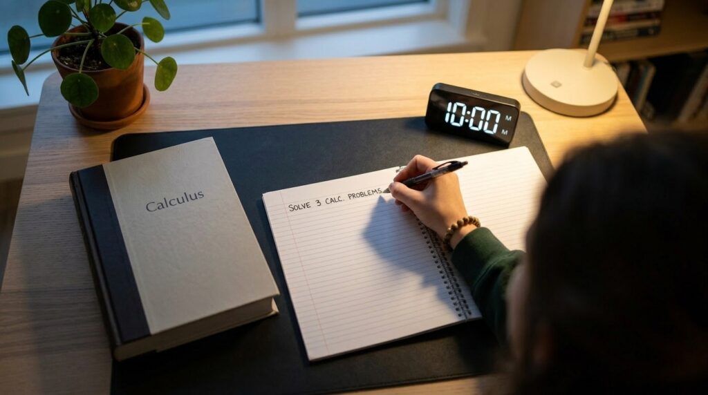 A tidy study desk setup with one textbook, an open notebook, a pen, and a small study timer ready for a 15-minute focus routine.